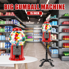 15 Inch Commercial Red Big Gumball Machine With Stand Key-Operated Uncharged Candy Dispenser Machine Bubble Gum Machine Coin Operated Metal Candy Machine Halloween Christmas Fun Party Gift XH