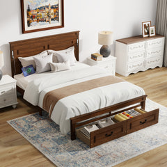 Queen Size Bed with Tall-Panel Headboard & Footboard, 2 Storage Drawers, Built-in LED Lights, USB Charging Station, Pinewood Bed with Strengthened Bed Frame,Walnut