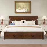 King Size Bed with Tall-Panel Headboard & Footboard, 2 Storage Drawers, Built-in LED Lights, USB Charging Station, Pinewood Bed with Strengthened Bed Frame ,Walnut
