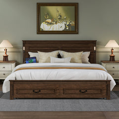 King Size Bed with Tall-Panel Headboard & Footboard, 2 Storage Drawers, Built-in LED Lights, USB Charging Station, Pinewood Bed with Strengthened Bed Frame ,Walnut