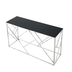 Modern Glass Console Table, 55" Gold Sofa Table with Sturdy Metal Frame and Black Tempered Glass Top, for Living Room Entryway Bedroom, Chrome Finish