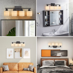 Black Bathroom Light Fixtures, 4-Light Modern Vanity Light Over Mirror, Wall Sconces with Milky White Frosted Glass Shades, E26 Socket (Bulbs Not Included)