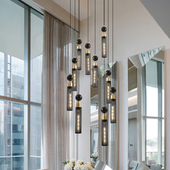24" Modern Industrial Multi-Light Pendant Chandelier - 9-Light Black and Gold Adjustable Ceiling Light Fixture with Mesh Cylinder Shades for Living Room, Dining Room, or Staircase (Bulb Not Included)