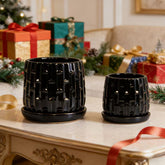 Handmade Ceramic Flower Pot with Groove Pattern, 6 & 8 Inch Diameter, Black Color for Orchids, Indoor/Outdoor Use on Windowsill & Bookshelf, Breathable Clay with Saucer