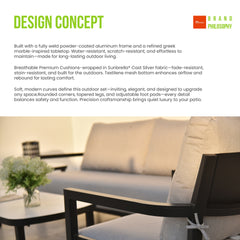 4PC Outdoor Conversation Set with Modern Club Chairs, Luxurious Bench Seat Sofa, Marble-Inspired Sintered Stone Coffee Table, Ember Black Rust-Free Aluminum Frame & Sunbrella Cast Silver Cushions
