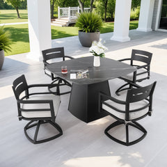 5-Piece Outdoor Pedestal Dining Set, 44" Rounded Square Sintered Stone Table with Flared Base and 4 Swivel Rockers, Sunbrella Cushions, Rust-Free Aluminum, Weather-Resistant, for Patio or Deck