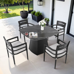 5-Piece Outdoor Pedestal Dining Set, 44" Rounded Square Sintered Stone Table with Flared Base and 4 Armchairs, Sunbrella Cushions, Rust-Free Aluminum, Weather-Resistant, for Patio or Deck