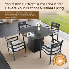 5-Piece Outdoor Pedestal Dining Set, 44" Rounded Square Sintered Stone Table with Flared Base and 4 Armchairs, Sunbrella Cushions, Rust-Free Aluminum, Weather-Resistant, for Patio or Deck