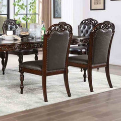Traditional Style 2pc Side Chair Nailhead Trim Curved Detailed Leatherette Upholstered Brown Cherry And Espresso Finish
