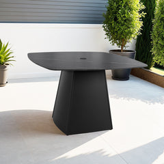 Modern 44" Rounded Square Outdoor Pedestal Dining Table, Black Sintered Stone Top, Flared Pyramid Aluminum Pedestal Base, Weather-Resistant, Rust-Free, for Patio, Deck, Poolside, Balcony – Seats 4