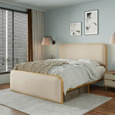 Gold Modern Metal Bed Frame with Curved Upholstered Headboard and Footboard Bed with Under Bed Storage, Heavy Duty Metal Slats, Queen Size, Beige