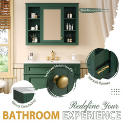 36'' Bathroom Vanity with Top Sink, Modern Bathroom Storage Cabinet with Mirror, 2 Drawers and a Tip-out Drawer, Mirror Cabinet with 6 Open Shelves, Single Sink Bathroom Vanity