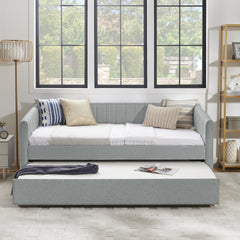 Twin Size Daybed with Trundle Upholstered Sofa Bed, with Vertical Stripes, Linen Fabric, Grey (82.5"x43"x30")