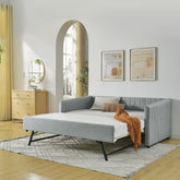 Twin Size Daybed with Trundle Upholstered Sofa Bed, with Vertical Stripes, Linen Fabric, Grey (82.5"x43"x30")