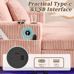 UNITED WE WIN Modern Corduroy Oversized Recliner Sofa with Deep Seat, 3 Pillows, USB Charging, RGB LED Light Strip, Cup Holder, Side Pocket - Suitable for Living Room and Bedroom