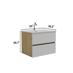 Gloria 24" Wall Mounted Snow White Matt & Natural Oak Bathroom Vanity with Integrated Ceramic Sink with Overflow, Large Storage Floating Bathroom Vanity for Modern Bathroom, Pre-assembled
