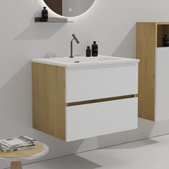 Gloria 24" Wall Mounted Snow White Matt & Natural Oak Bathroom Vanity with Integrated Ceramic Sink with Overflow, Large Storage Floating Bathroom Vanity for Modern Bathroom, Pre-assembled