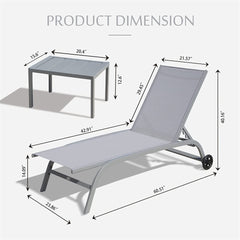 Chaise Lounge Outdoor Set of 3, Lounge Chairs for Outside with Wheels, Outdoor Lounge Chairs with 5 Adjustable Position, Pool Lounge Chairs for Patio, Beach(Grey,2 Lounge Chairs+1 Table)
