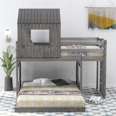 Wooden Twin Over Full Bunk Bed, Loft Bed with Playhouse, Farmhouse, Ladder and Guardrails , Antique Gray( old sku: LT000327AAE )