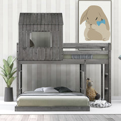 Wooden Twin Over Full Bunk Bed, Loft Bed with Playhouse, Farmhouse, Ladder and Guardrails , Antique Gray( old sku: LT000327AAE )