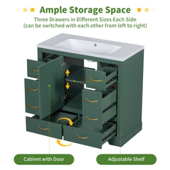 36" Bathroom Vanity without Sink, Cabinet Base Only, Six Drawers, Multi-Functional Drawer Divider, Adjustable Shelf, Green
