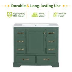 36" Bathroom Vanity without Sink, Cabinet Base Only, Six Drawers, Multi-Functional Drawer Divider, Adjustable Shelf, Green
