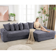 110.75" Modular L Shaped Sofa, Corduroy Fabric Sectional Couch,With a movable footstool, Cup Holders,Bring 8 throw pillows,Side Pocket,Unfold into a Bed,Dark Gray
