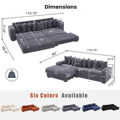 110.75" Modular L Shaped Sofa, Corduroy Fabric Sectional Couch,With a movable footstool, Cup Holders,Bring 8 throw pillows,Side Pocket,Unfold into a Bed,Dark Gray