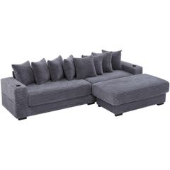 110.75" Modular L Shaped Sofa, Corduroy Fabric Sectional Couch,With a movable footstool, Cup Holders,Bring 8 throw pillows,Side Pocket,Unfold into a Bed,Dark Gray