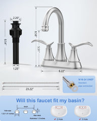 Bathroom Faucet Brushed Nickel with Pop-up Drain & Supply Hoses 2-Handle 360 Degree High Arc Swivel Spout Centerset 4 Inch Vanity Sink Faucet