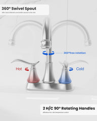 Bathroom Faucet Brushed Nickel with Pop-up Drain & Supply Hoses 2-Handle 360 Degree High Arc Swivel Spout Centerset 4 Inch Vanity Sink Faucet