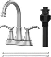 Bathroom Faucet Brushed Nickel with Pop-up Drain & Supply Hoses 2-Handle 360 Degree High Arc Swivel Spout Centerset 4 Inch Vanity Sink Faucet
