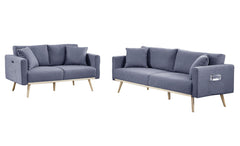 Elio Dark Gray Linen Fabric Sofa Loveseat Living Room Set with USB Charging Ports Pockets & Pillows