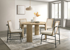 Bruno Oak Finish 47" Round Dining Table Set with Cream Color Upholstered Chairs