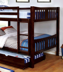 Transitional Style Full Over Full Bunk Bed Attached Ladder Solid Wood Form With Rails And Lock Joint Dark Walnut-Trundle Included