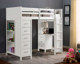 Transitional Twin Loft Bed With Eight Drawers Three Large Shelves Attached Ladder And Wood Structure, White