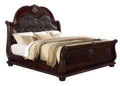 1pc Traditional Style Faux Leather Upholstered Headboard Button Tufted Formal Bedroom Furniture Formal Queen Sleigh Bed Antique Brown Finish