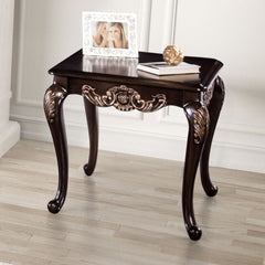 Traditional Style 1pc Square End Table Solid Wood Structure Curve Legs Gold Finish Carved Design Dark Cherry Finish