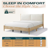 Queen Size Natural wood Bed Frame with White Cozy Upholstered Headboard