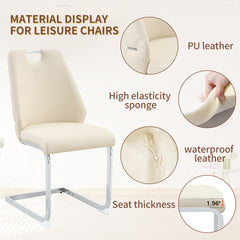 Dining Chairs Set of 4, Off-White Faux Leather Kitchen Chairs with Gold Mesh Texture, Silver Back Ring and Chrome Pull Handle, High Back Upholstered Dining Room Chair (Off-White, Set of 4)