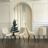 Dining Chairs Set of 4, Off White Faux Leather Dining Room Chair, Metal Kitchen Chairs with Gold Mesh Texture and Black Sanded Legs, Flat Back Upholstered Chair (Off White, Set of 4)