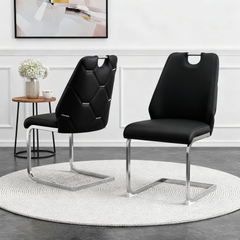 Dining Chairs Set of 2, Black Faux Leather Kitchen Chairs with Gold Mesh Texture, Silver Back Ring and Chrome Pull Handle, High Back Upholstered Dining Room Chair (Black, Set of 2)