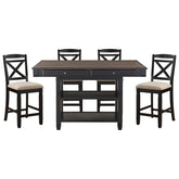 Transitional Style Counter Height Dining Set 5pc Table w Display Shelves Drawers and 4x Counter Height Chairs Black Finish Funiture