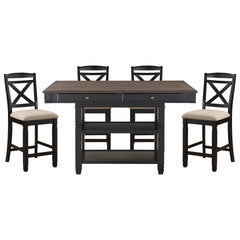 Transitional Style Counter Height Dining Set 5pc Table w Display Shelves Drawers and 4x Counter Height Chairs Black Finish Funiture