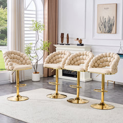 Set of 2 Beige Puffy Bubble Chair Ball Chain Chair Velvet Bar Stools with Gold Legs, Modern Tufted Adjustable Bar Chairs for Kitchen Island & Home Bar