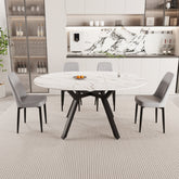 47-63" expandable circular dining tables , equipped with 4 PU fabric thick cushioned dining chairs and an elegant and spacious dining table, kitchen table and chair, with black metal legs