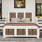 Farmhouse Wooden Platform Queen Size Bed, Modern Platform Bed with Wooden Strip Stickers Decoration, Plywood Slats Support, White