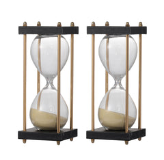 Set of 2, 3x3x7" Spellman 15-minute Hourglass, framed with an Metal stand, Tan