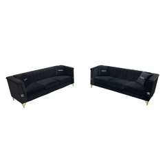 FX-P82-2PC SOFA -BK3 Black Velvet Sofa Set of 2, Two Modern 3-Seater Sofas with Plush Cushions & Gold-Tone Metal Legs Stylish Living Room Couch Set for Homes, Apartments, and Guest Areas