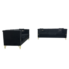 FX-P82-2PC SOFA -BK3 Black Velvet Sofa Set of 2, Two Modern 3-Seater Sofas with Plush Cushions & Gold-Tone Metal Legs Stylish Living Room Couch Set for Homes, Apartments, and Guest Areas